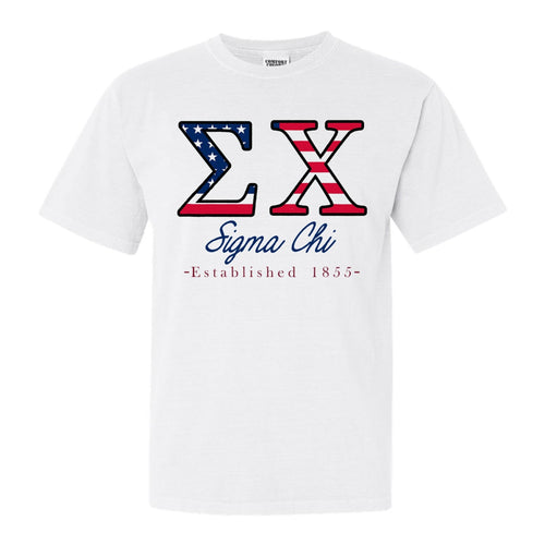 Sigma Chi Comfort Colors T-Shirt - Sig Chi American Flag Letters Shirt - Kite and Crest