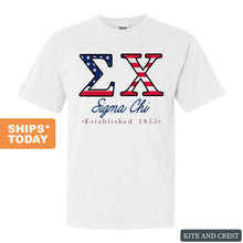Load image into Gallery viewer, Sigma Chi Comfort Colors T-Shirt - Sig Chi American Flag Letters Shirt - Kite and Crest
