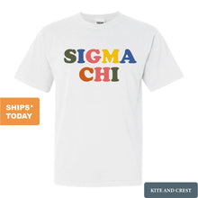 Load image into Gallery viewer, Sigma Chi Comfort Colors T-Shirt - Sig Chi Retro Letters Shirt - Kite and Crest
