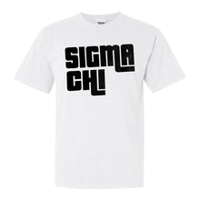 Load image into Gallery viewer, Sigma Chi Comfort Colors T-Shirt - Sig Chi Stacked Letters Shirt - Kite and Crest
