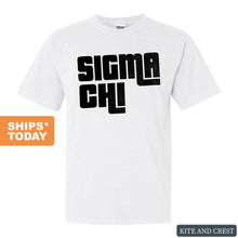 Load image into Gallery viewer, Sigma Chi Comfort Colors T-Shirt - Sig Chi Stacked Letters Shirt - Kite and Crest
