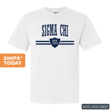 Load image into Gallery viewer, Sigma Chi Comfort Colors T-Shirt - Sig Chi Striped Shield Shirt - Kite and Crest
