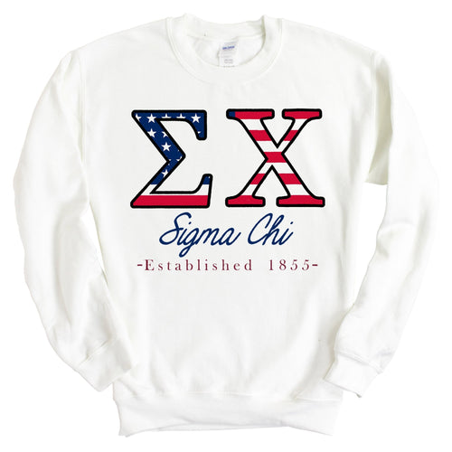 Sigma Chi Sweatshirt - Sigma Chi American Flag Letters Crewneck Sweatshirt - Kite and Crest