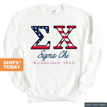 Load image into Gallery viewer, Sigma Chi Sweatshirt - Sigma Chi American Flag Letters Crewneck Sweatshirt - Kite and Crest
