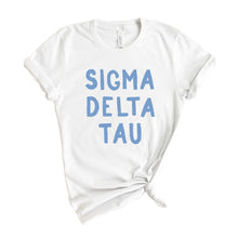 Load image into Gallery viewer, Sigma Delta Tau Blue Bubble Letter Sorority T-Shirt Tee - Kite and Crest
