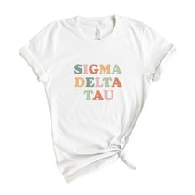 Load image into Gallery viewer, Sigma Delta Tau Bright and Colorful Sorority T-Shirt Tee - Kite and Crest
