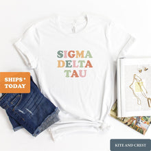 Load image into Gallery viewer, Sigma Delta Tau Bright and Colorful Sorority T-Shirt Tee - Kite and Crest
