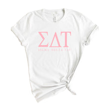 Load image into Gallery viewer, Sigma Delta Tau Pink Letter Sorority T-Shirt Shirt Tee - Kite and Crest
