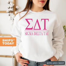 Load image into Gallery viewer, Sigma Delta Tau (Sig Delt) Big Letters Sorority Crewneck Sweatshirt - Kite and Crest
