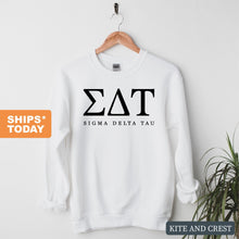 Load image into Gallery viewer, Sigma Delta Tau (Sig Delt) Block Letter Sorority Crewneck Sweatshirt - Kite and Crest
