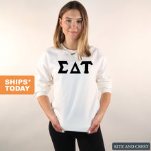 Load image into Gallery viewer, Sigma Delta Tau Sweatshirt | Sig Delt Basic Black Letters Crewneck Sweatshirt | Sigma Delta Tau Sorority Gift Idea - Kite and Crest
