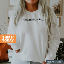 Load image into Gallery viewer, Sigma Delta Tau Sweatshirt - Sig Delt Black Star Crewneck Sweatshirt - Kite and Crest
