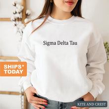 Load image into Gallery viewer, Sigma Delta Tau Sweatshirt - Sig Delt Black Written Crewneck Sweatshirt - Kite and Crest
