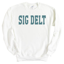 Load image into Gallery viewer, Sigma Delta Tau Sweatshirt - Sig Delt Blue Retro Crewneck Sweatshirt - Kite and Crest
