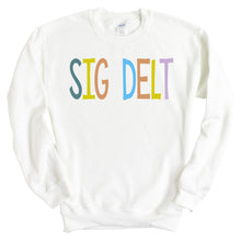 Load image into Gallery viewer, Sigma Delta Tau Sweatshirt - Sig Delt Colorful Lined Crewneck Sweatshirt - Kite and Crest
