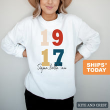 Load image into Gallery viewer, Sigma Delta Tau Sweatshirt | Sig Delt Colorful Year Crewneck Sweatshirt | Sigma Delta Tau Sorority Gift Idea - Kite and Crest
