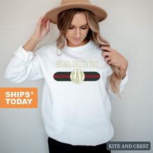 Load image into Gallery viewer, Sigma Delta Tau Sweatshirt - Sig Delt Golden Stripes Crewneck Sweatshirt - Kite and Crest
