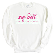 Load image into Gallery viewer, Sigma Delta Tau Sweatshirt | Sig Delt Pink Established Crewneck Sweatshirt | Sigma Delta Tau Sorority Gift Idea - Kite and Crest
