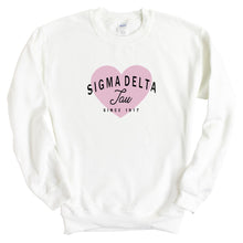 Load image into Gallery viewer, Sigma Delta Tau Sweatshirt | Sig Delt Pink Heart Crewneck Sweatshirt | Sigma Delta Tau Sorority Gift Idea - Kite and Crest
