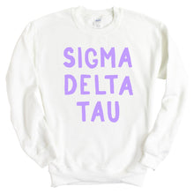 Load image into Gallery viewer, Sigma Delta Tau Sweatshirt - Sig Delt Purple Bubble Letters Crewneck Sweatshirt - Kite and Crest
