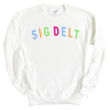 Load image into Gallery viewer, Sigma Delta Tau Sweatshirt | Sig Delt Rainbow Letter Crewneck Sweatshirt | Sigma Delta Tau Sorority Gift Idea - Kite and Crest
