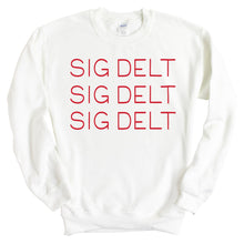 Load image into Gallery viewer, Sigma Delta Tau Sweatshirt | Sig Delt Red and Stacked Crewneck Sweatshirt | Sigma Delta Tau Sorority Gift Idea - Kite and Crest
