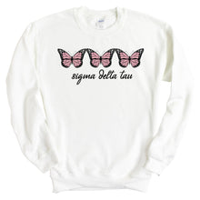 Load image into Gallery viewer, Sigma Delta Tau Sweatshirt - Sig Delt Three Butterflies Crewneck Sweatshirt - Kite and Crest
