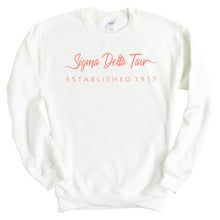 Load image into Gallery viewer, Sigma Delta Tau Sweatshirt | Sig Delt White Script Letter Crewneck Sweatshirt | Sigma Delta Tau Sorority Gift Idea - Kite and Crest
