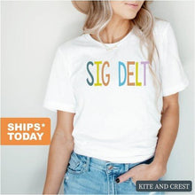 Load image into Gallery viewer, Sigma Delta Tau T-shirt - Sig Delt Colorful Lined Tee - Kite and Crest
