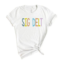 Load image into Gallery viewer, Sigma Delta Tau T-shirt - Sig Delt Colorful Lined Tee - Kite and Crest
