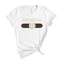 Load image into Gallery viewer, Sigma Delta Tau T-shirt - Sig Delt Golden Stripes Tee - Kite and Crest
