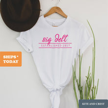 Load image into Gallery viewer, Sigma Delta Tau T-Shirt | Sig Delt Pink Established Shirt | Sigma Delta Tau Sorority Gift Idea - Kite and Crest
