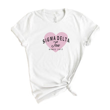 Load image into Gallery viewer, Sigma Delta Tau T-Shirt | Sig Delt Pink Heart Shirt | Sigma Delta Tau Sorority Gift Idea - Kite and Crest
