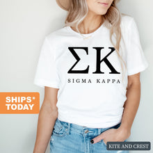 Load image into Gallery viewer, Sigma Kappa Block Letter Sorority T-Shirt Shirt Tee - Kite and Crest
