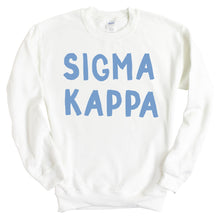 Load image into Gallery viewer, Sigma Kappa Blue Bubble Letter Sorority Crewneck Sweatshirt - Kite and Crest
