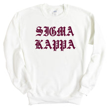 Load image into Gallery viewer, Sigma Kappa Sweatshirt | Sigma Kappa Old Type Written Crewneck Sweatshirt | Sigma Kappa Sorority Gift Idea - Kite and Crest
