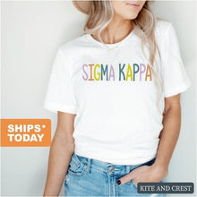 Load image into Gallery viewer, Sigma Kappa T-shirt - Sigma Kappa (SK) Colorful Lined Tee - Kite and Crest

