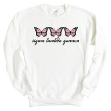 Load image into Gallery viewer, Sigma Lambda Gamma Three Butterflies Crewneck Sweatshirt - Kite and Crest
