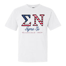 Load image into Gallery viewer, Sigma Nu Comfort Colors T-Shirt - Sigma Nu American Flag Letters Shirt - Kite and Crest
