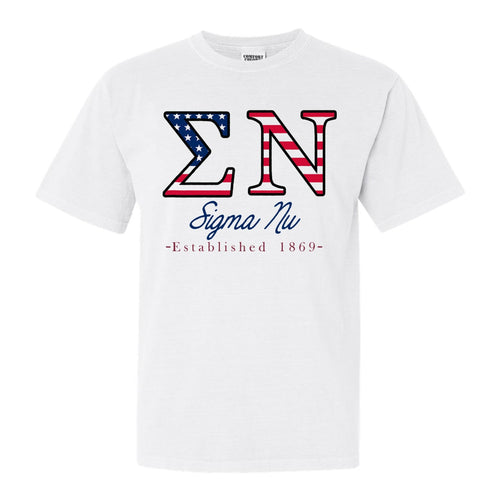 Sigma Nu Comfort Colors T-Shirt - Sigma Nu American Flag Letters Shirt - Kite and Crest
