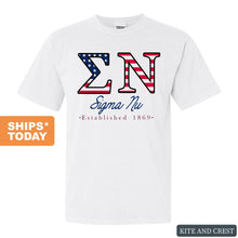 Load image into Gallery viewer, Sigma Nu Comfort Colors T-Shirt - Sigma Nu American Flag Letters Shirt - Kite and Crest
