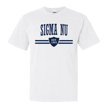 Load image into Gallery viewer, Sigma Nu Comfort Colors T-Shirt - Sigma Nu Striped Shield Shirt - Kite and Crest
