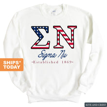 Load image into Gallery viewer, Sigma Nu Sweatshirt - Sigma Nu American Flag Letters Crewneck Sweatshirt - Kite and Crest
