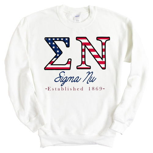 Sigma Nu Sweatshirt - Sigma Nu American Flag Letters Crewneck Sweatshirt - Kite and Crest