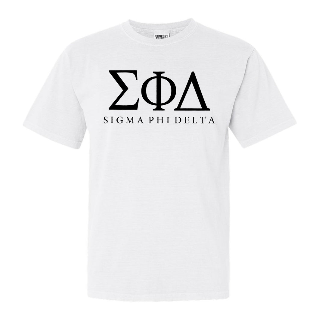 Sigma Phi Delta Block Letter Comfort Colors T-Shirt - Fraternity Tee - Kite and Crest