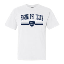 Load image into Gallery viewer, Sigma Phi Delta Striped Shield Comfort Colors T-Shirt - Fraternity Tee - Kite and Crest
