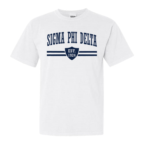 Sigma Phi Delta Striped Shield Comfort Colors T-Shirt - Fraternity Tee - Kite and Crest