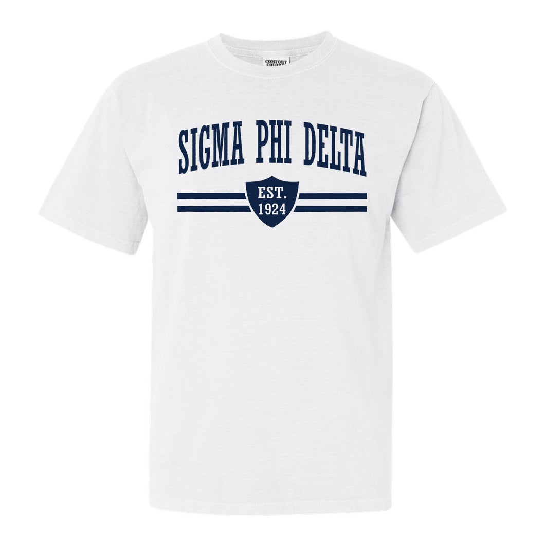 Sigma Phi Delta Striped Shield Comfort Colors T-Shirt - Fraternity Tee - Kite and Crest