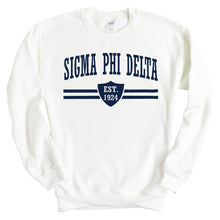 Load image into Gallery viewer, Sigma Phi Delta Striped Shield Sweatshirt - Fraternity Crewneck Sweatshirt - Kite and Crest
