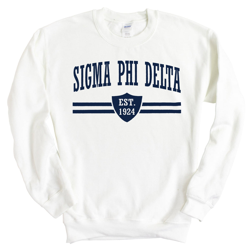 Sigma Phi Delta Striped Shield Sweatshirt - Fraternity Crewneck Sweatshirt - Kite and Crest